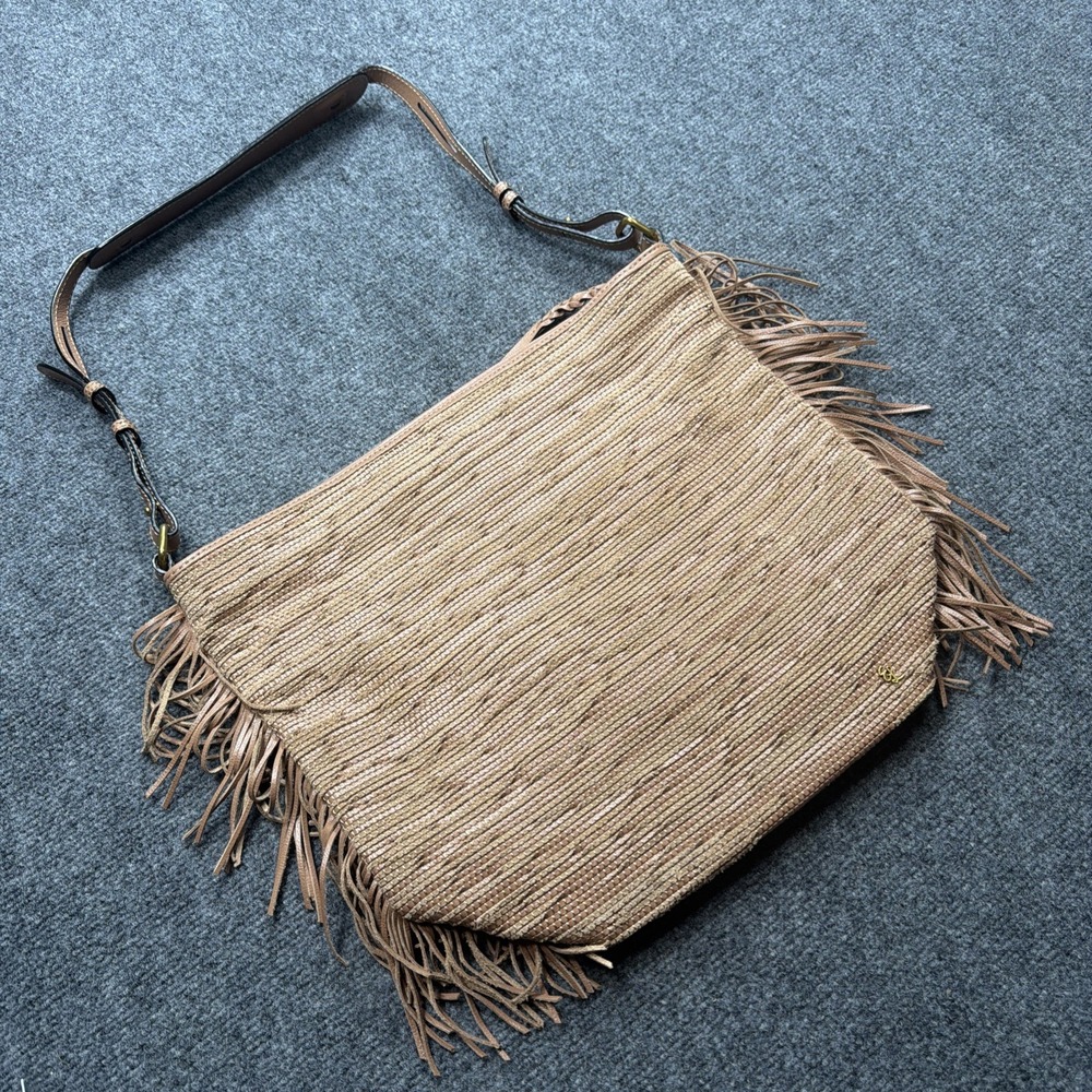 Elliot Lucca Fringe Leather Woven Mixed Media Boho Bag Brown Shoulder Strap New!